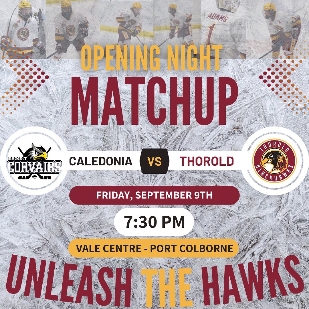 Mark your Calendars Hawks Fans 🦅 🦅  Opening night for the Hawks Campaign begins September 9th at the Vale Health & Wellness Centre at 7:30pm against the visiting @caledoniacorvairs. @cityofportcolborne @pcghawave #UnleashtheHawks #FlyWithUs